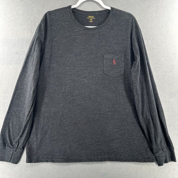Polo Ralph Lauren T-Shirt Heather Grey Red Pony Long Sleeve Pocket Mens X-Large - Picture 1 of 10